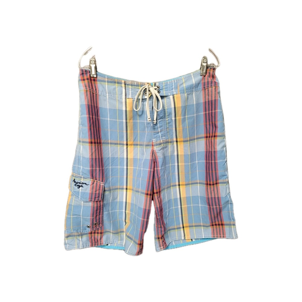American Eagle Outfitters Shorts Mens 32 Blue Plaid Swim Trunks Board Beach